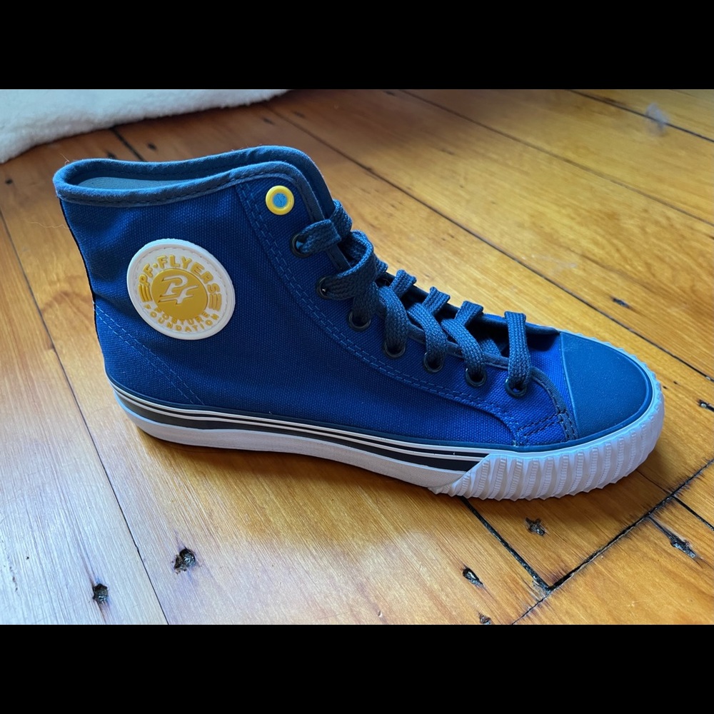 P.F. Flyers Royal Blue High-Top Sneakers with White Sole and Yellow Logo Accent